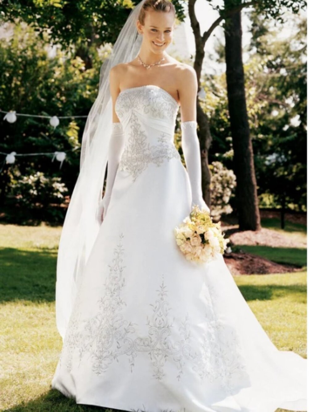 David’s Bridal Satin A‑Line Wedding Gown, Style V9364 • Beaded Metallic Bodice